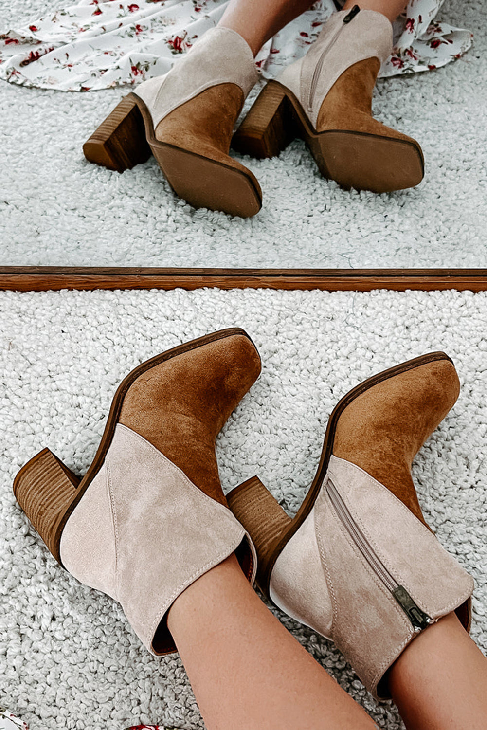 Camel Two Tone Chunky Heel Boots