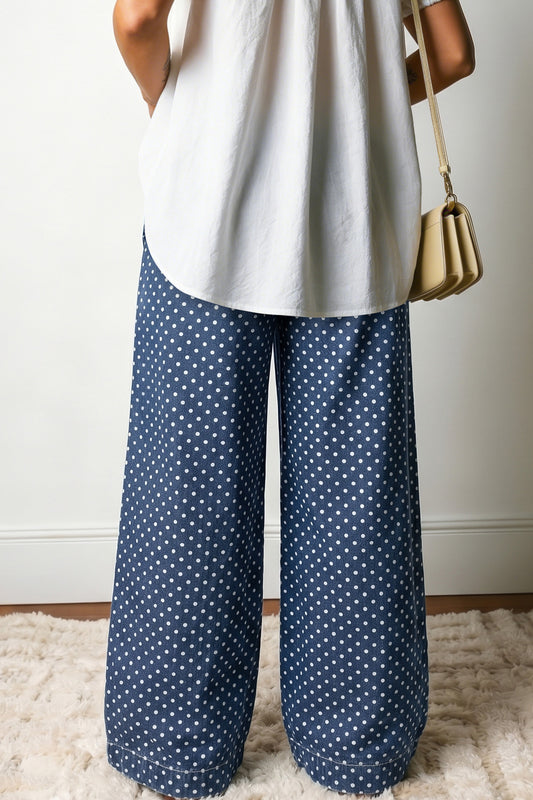 Polka Dot Button Pleated Wide Leg Jeans