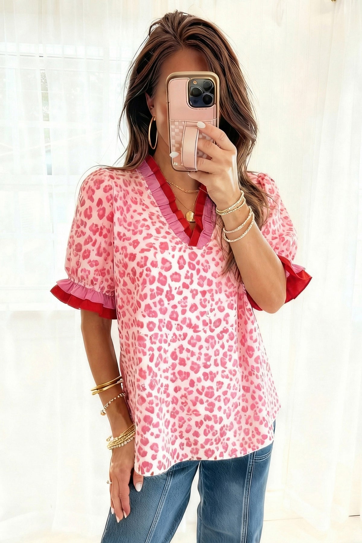 Leopard Print Short Sleeve Blouse