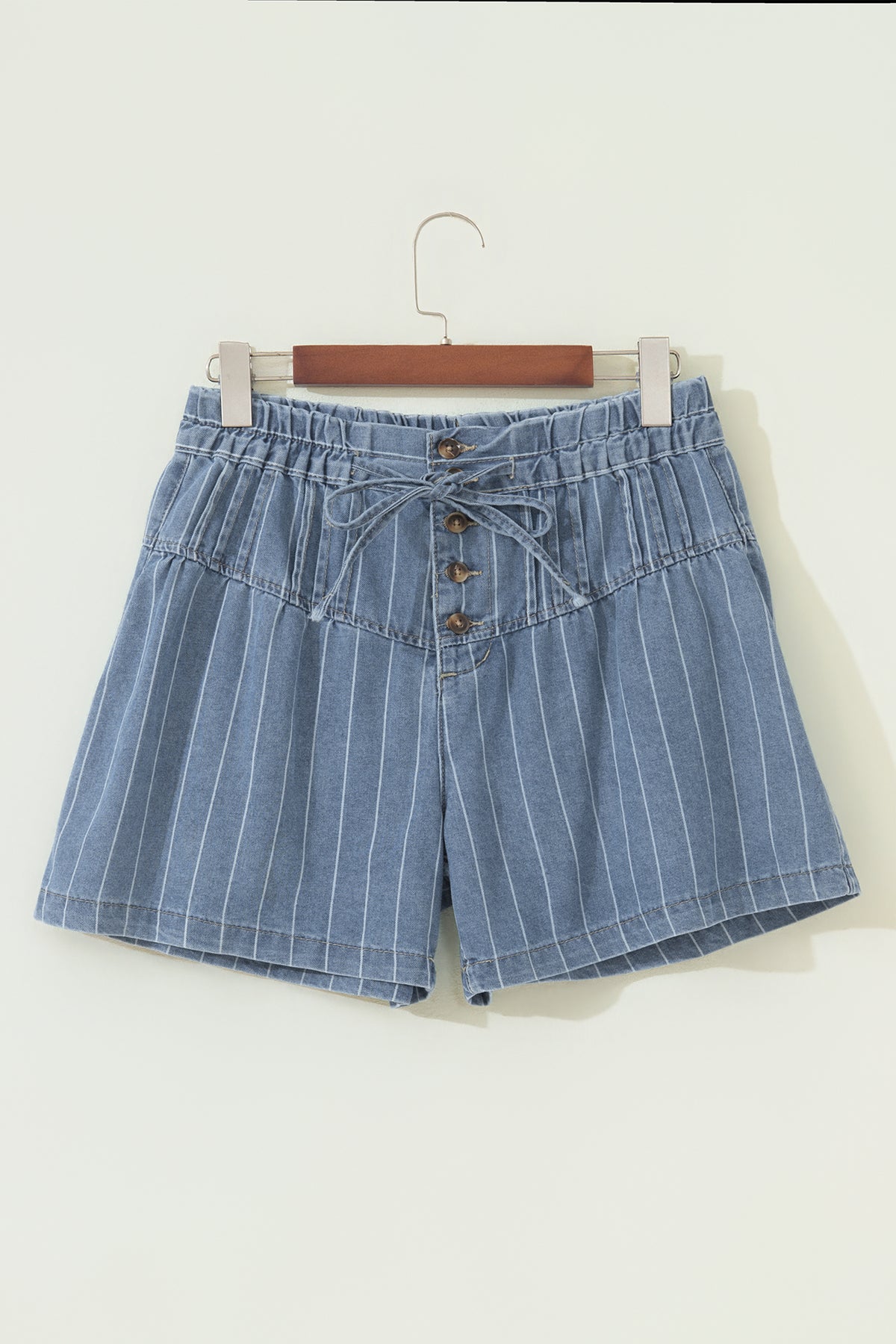 Striped Button Pleated Denim Shorts