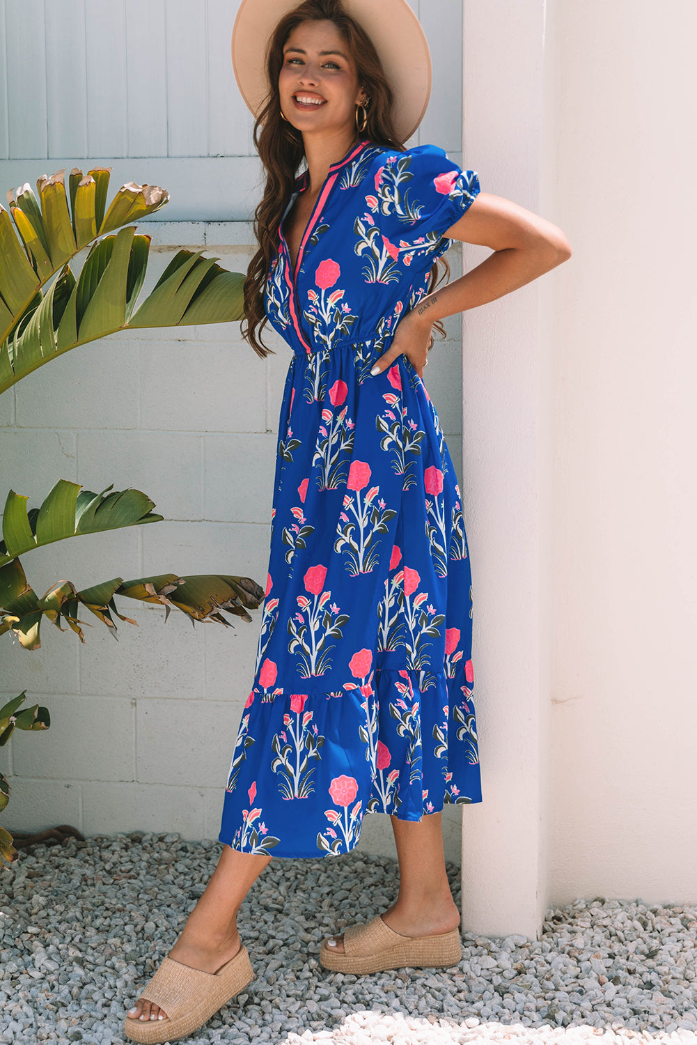 Floral Puff Short Sleeve Maxi Dress