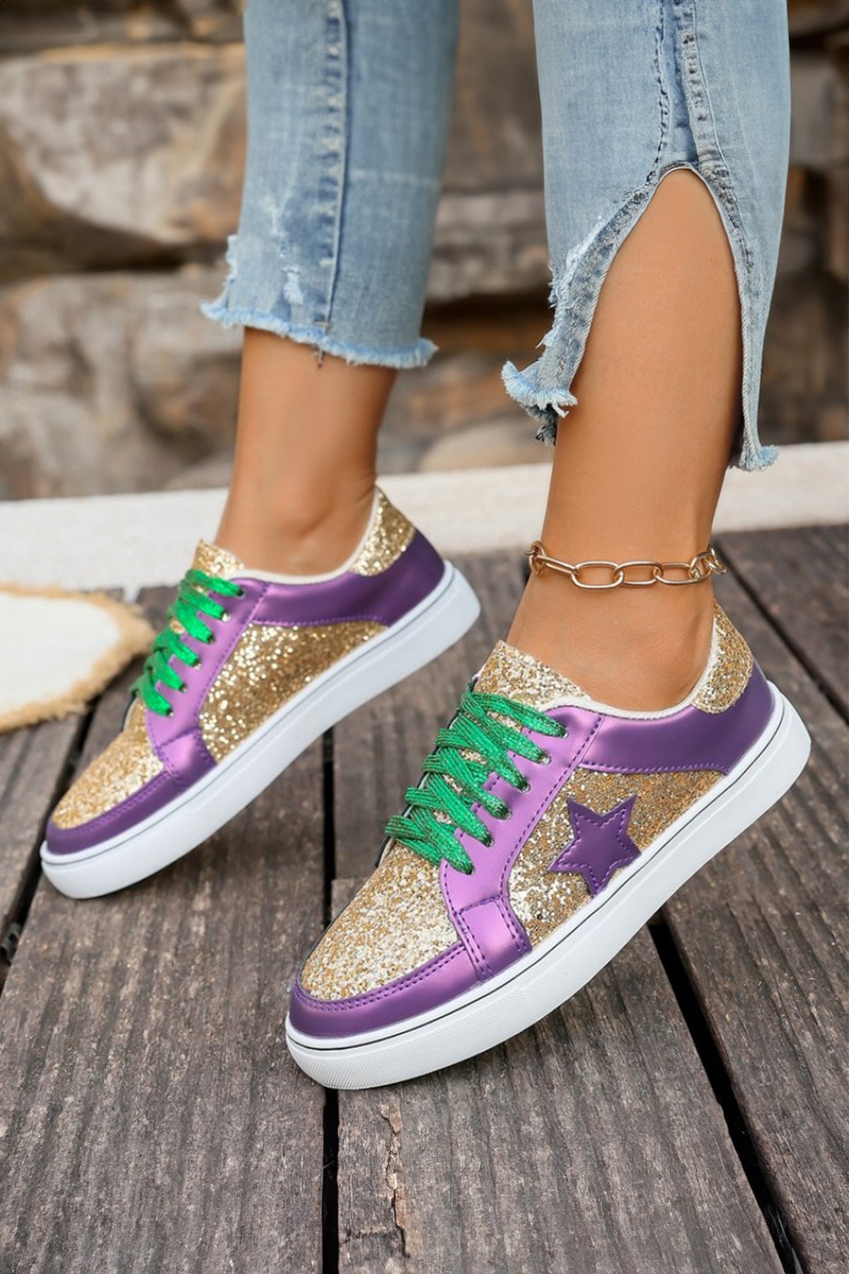 Dearlove Gold Lace-up Sneakers