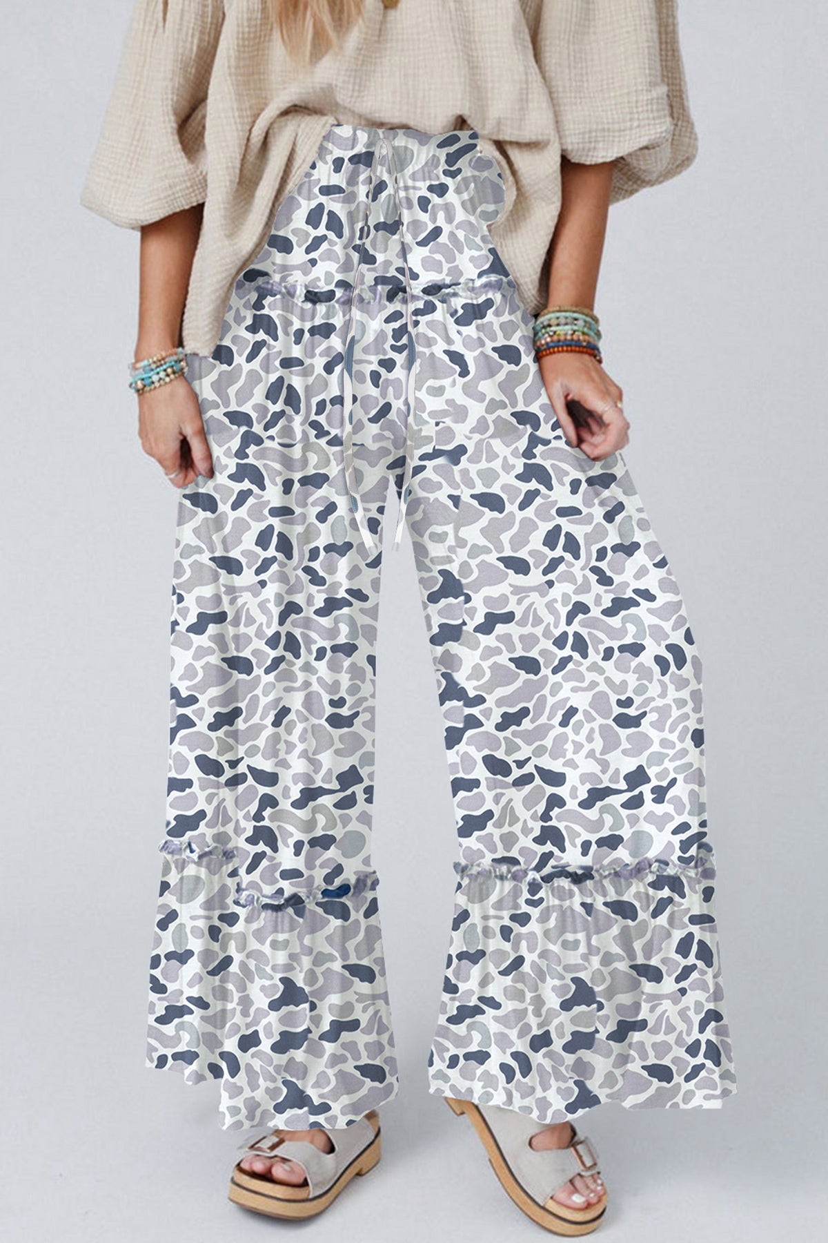 Camo Print Wide Leg Casual Pants