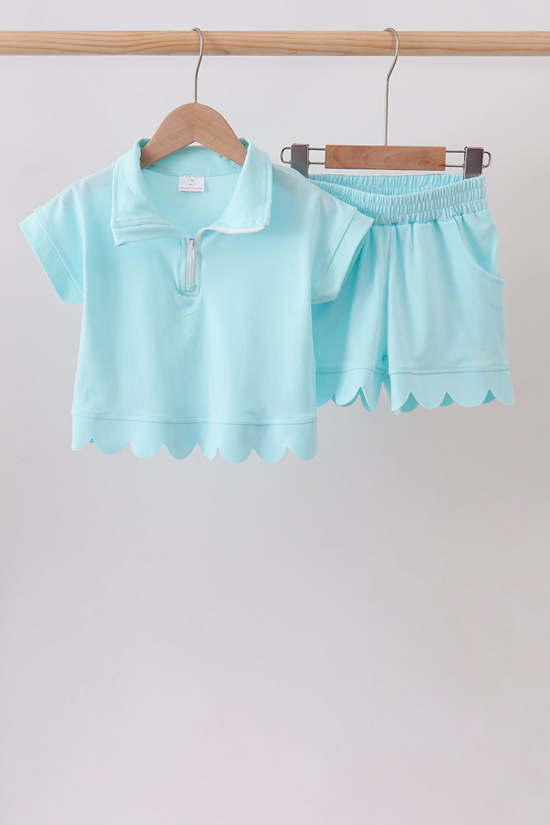 Aqua Scalloped Shorts Set