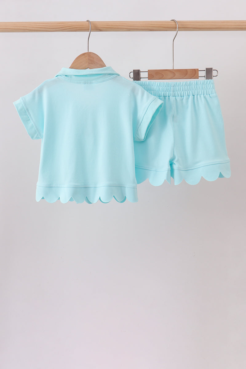 Aqua Scalloped Shorts Set