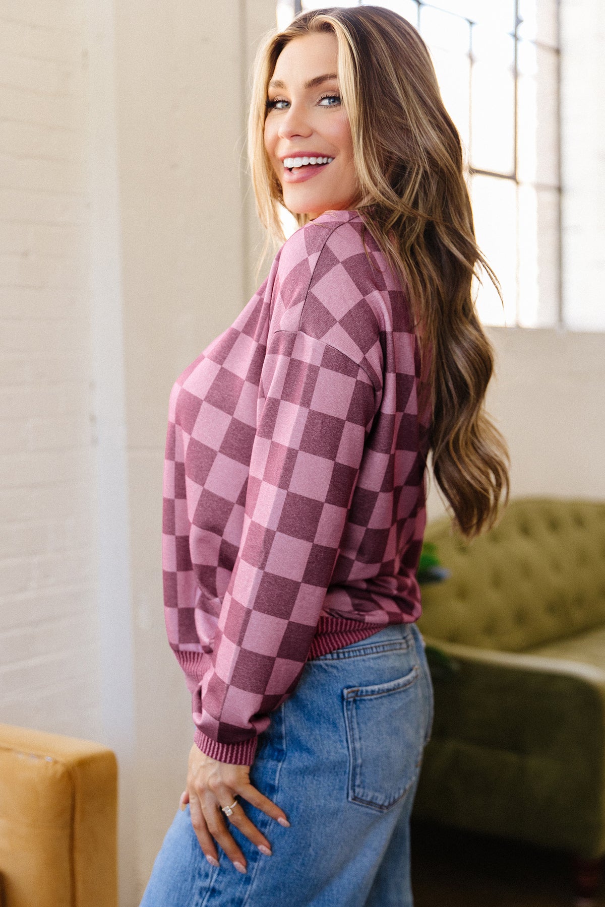 Checkered Long Sleeve Pullover Top