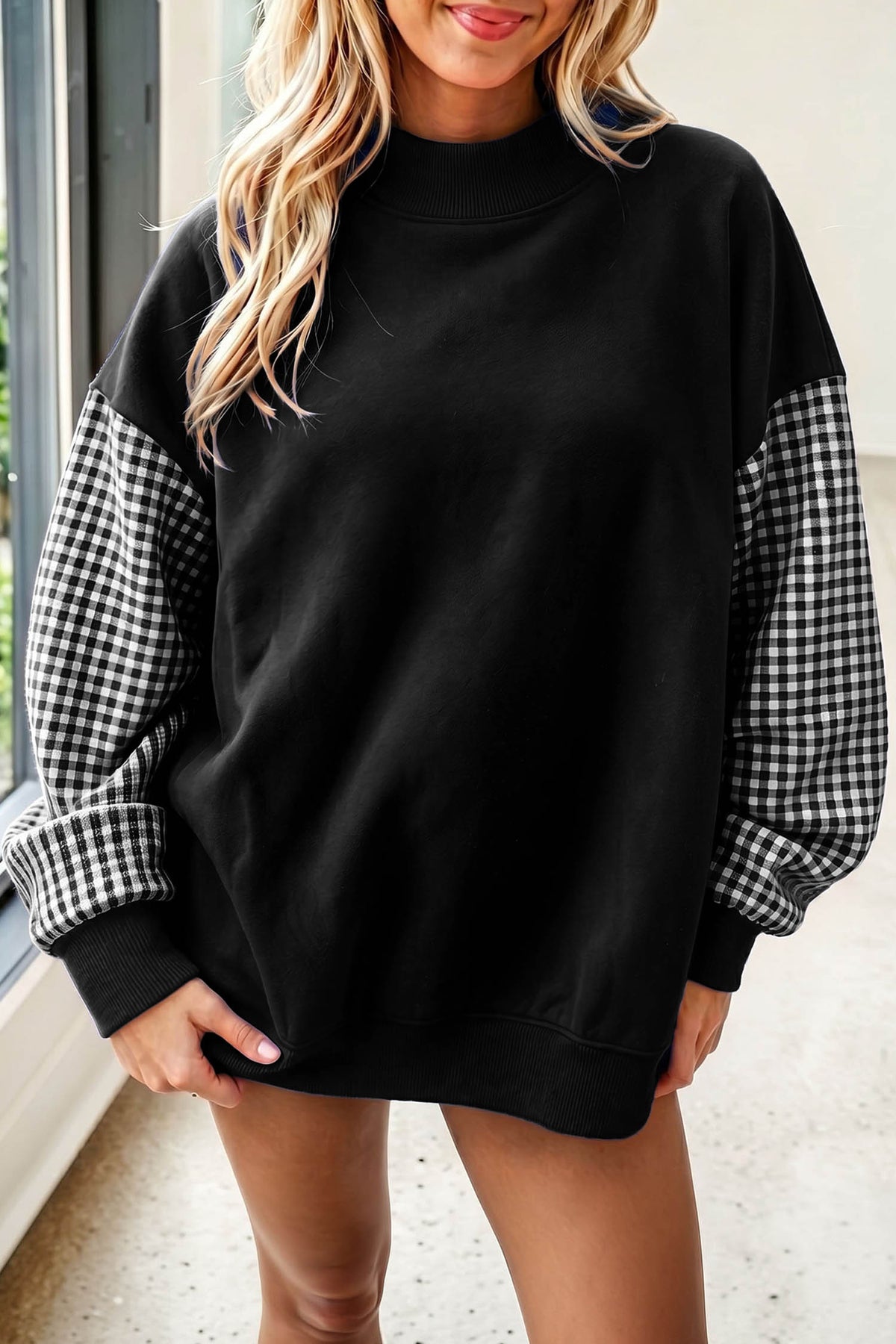 Plaid Sleeve Loose Tunic Sweatshirt