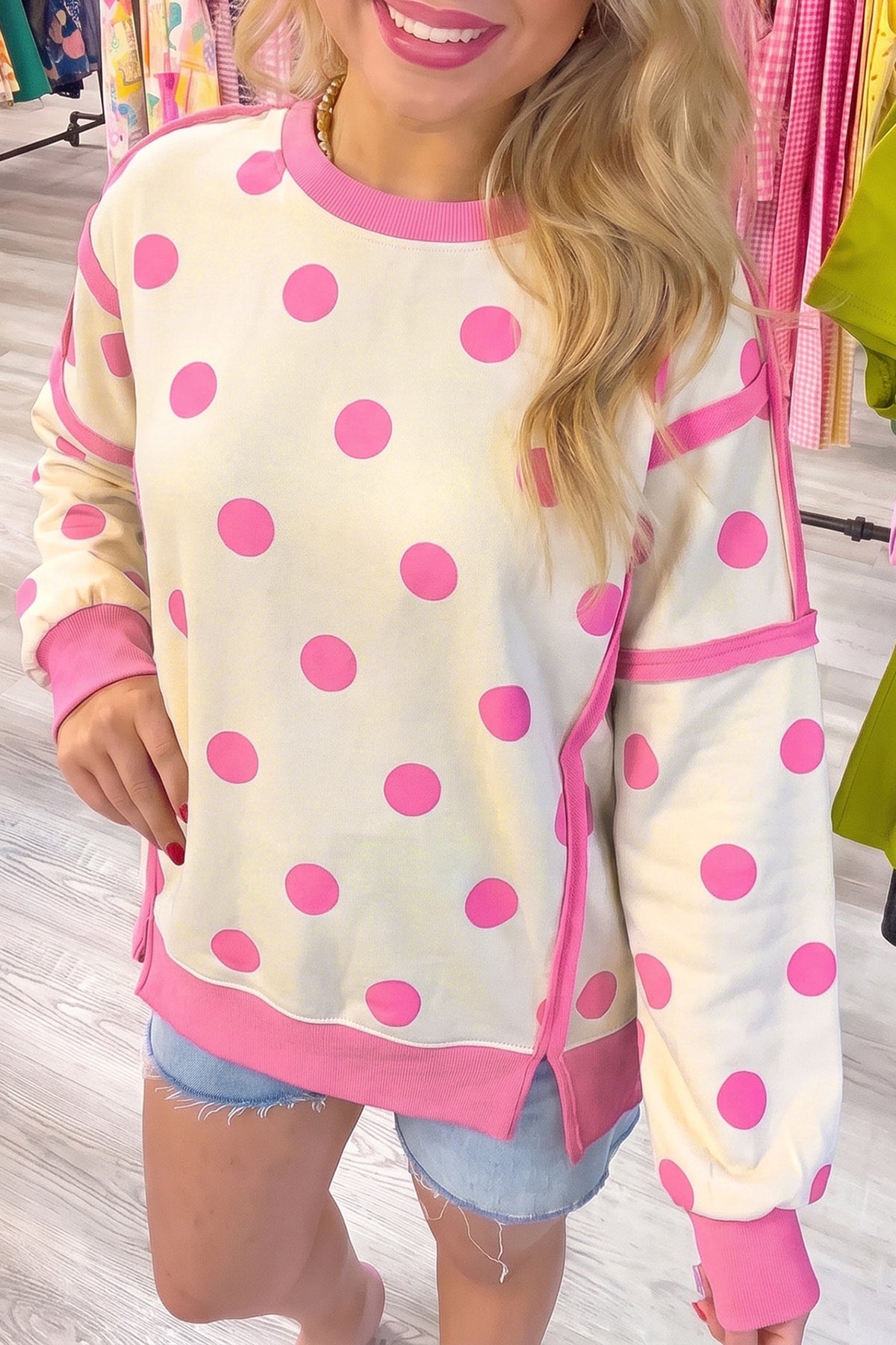 Polka Dot Round Neck Baggy Sweatshirt