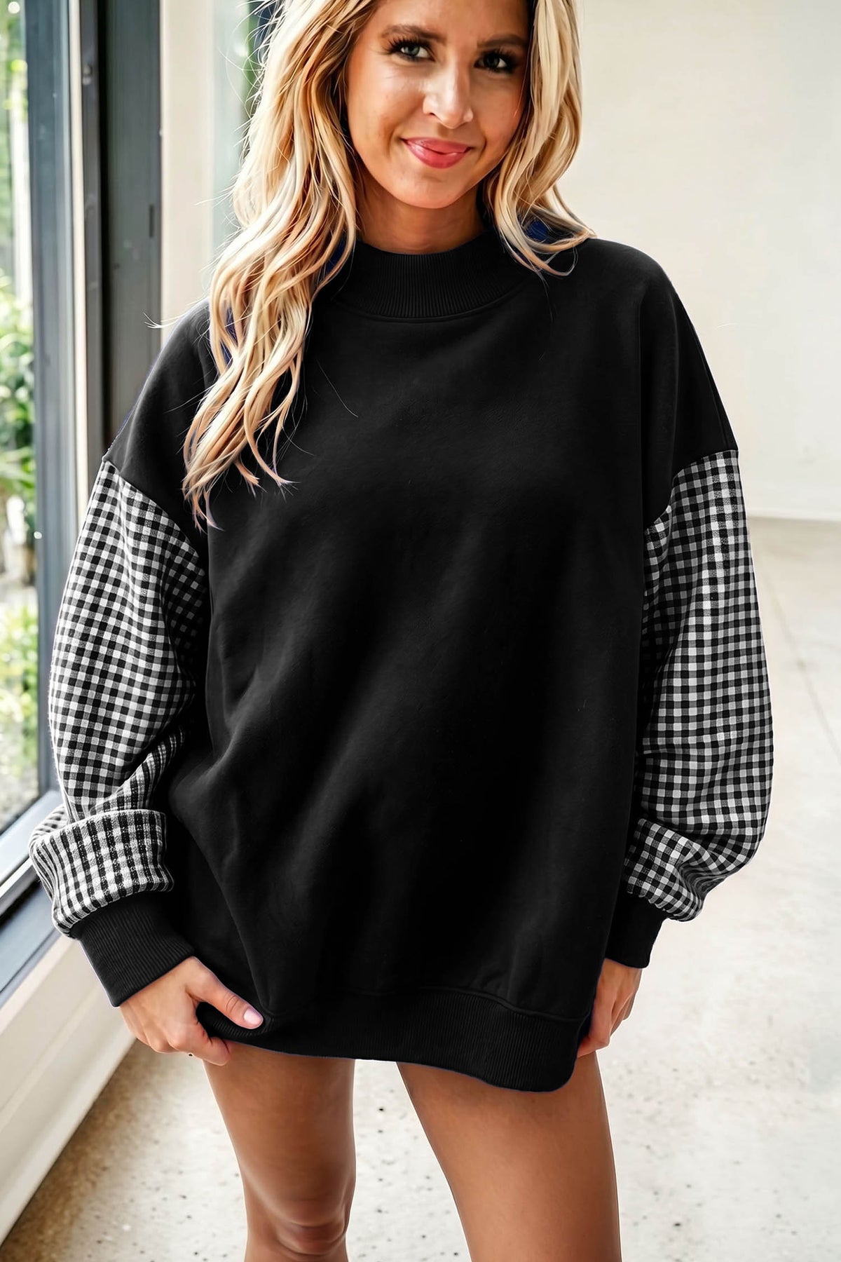 Plaid Sleeve Loose Tunic Sweatshirt