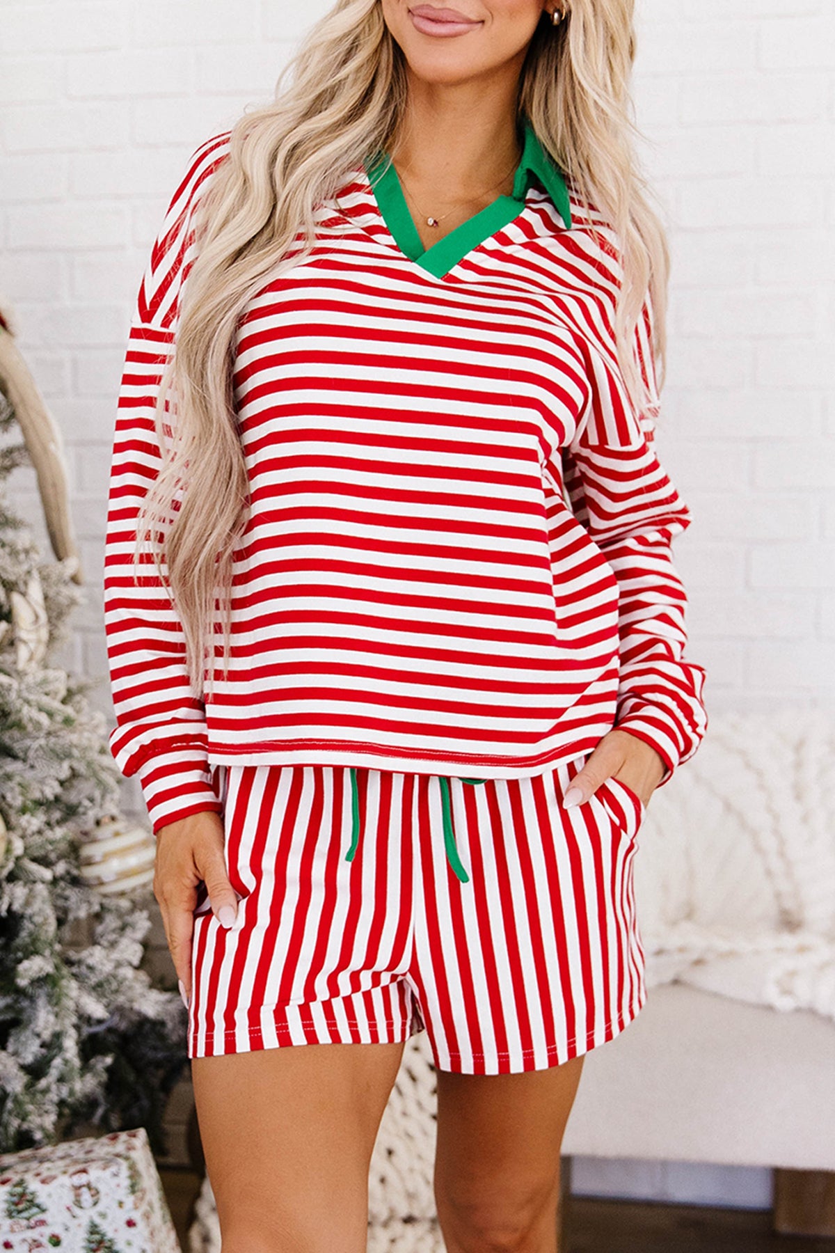 Stripe Long Sleeve Shirt w/Shorts Set