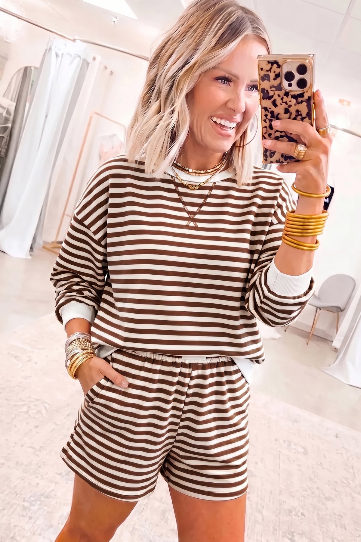 Drop Shoulder Long Sleeve Pullover w/Short Set