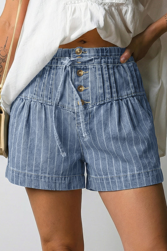 Striped Button Pleated Denim Shorts