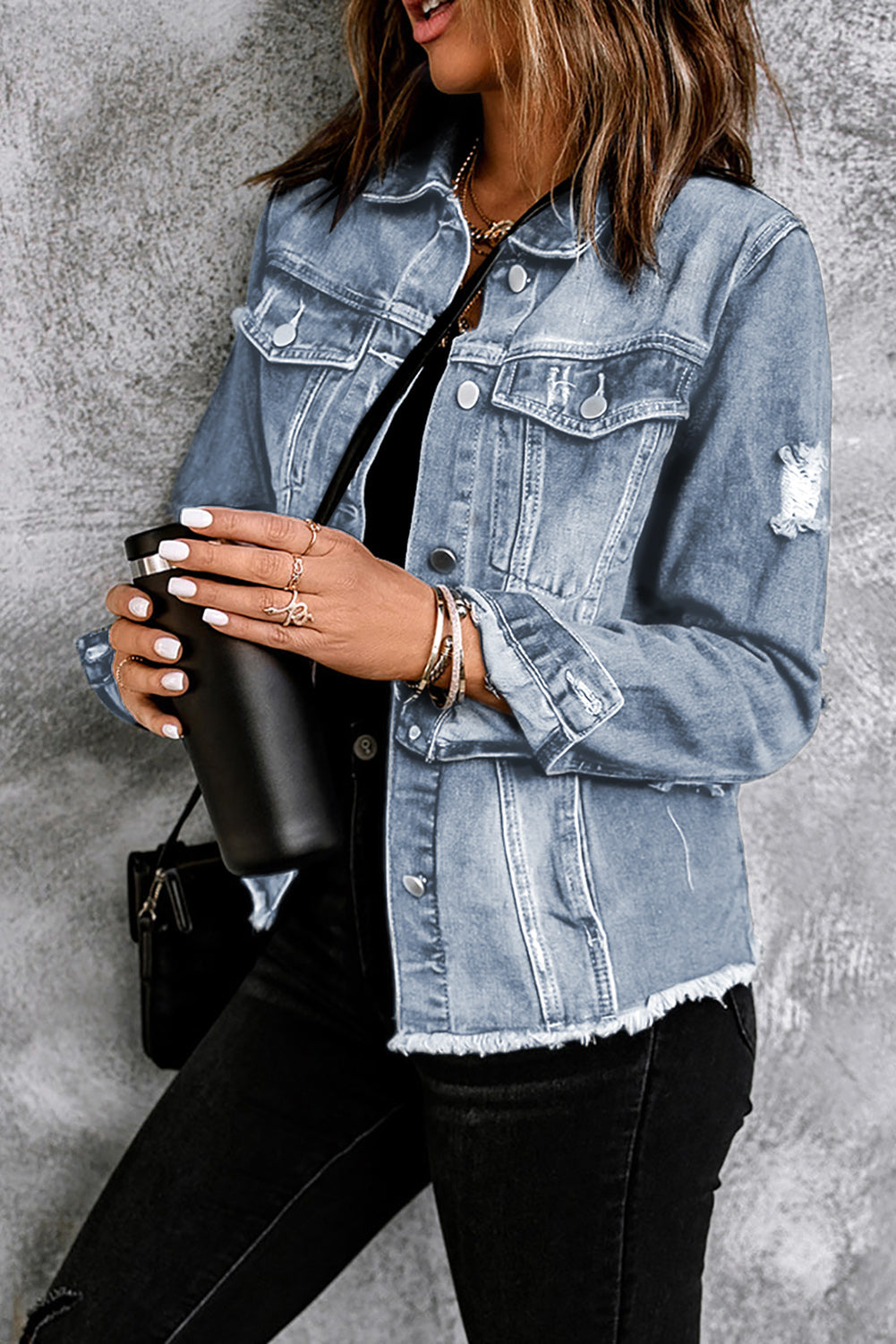 Sky Blue Distressed Denim Jacket