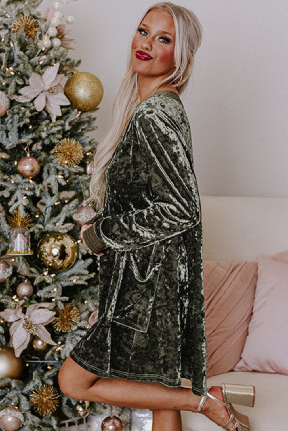 Velvet Long Sleeve Dress with Pockets