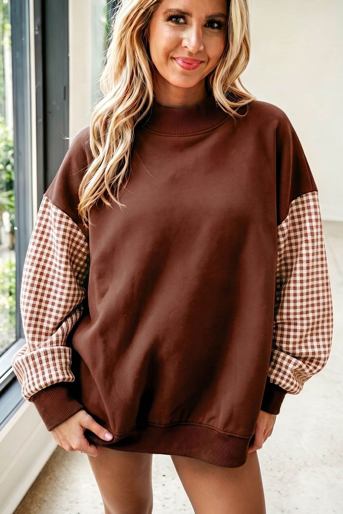 Plaid Sleeve Loose Tunic Sweatshirt