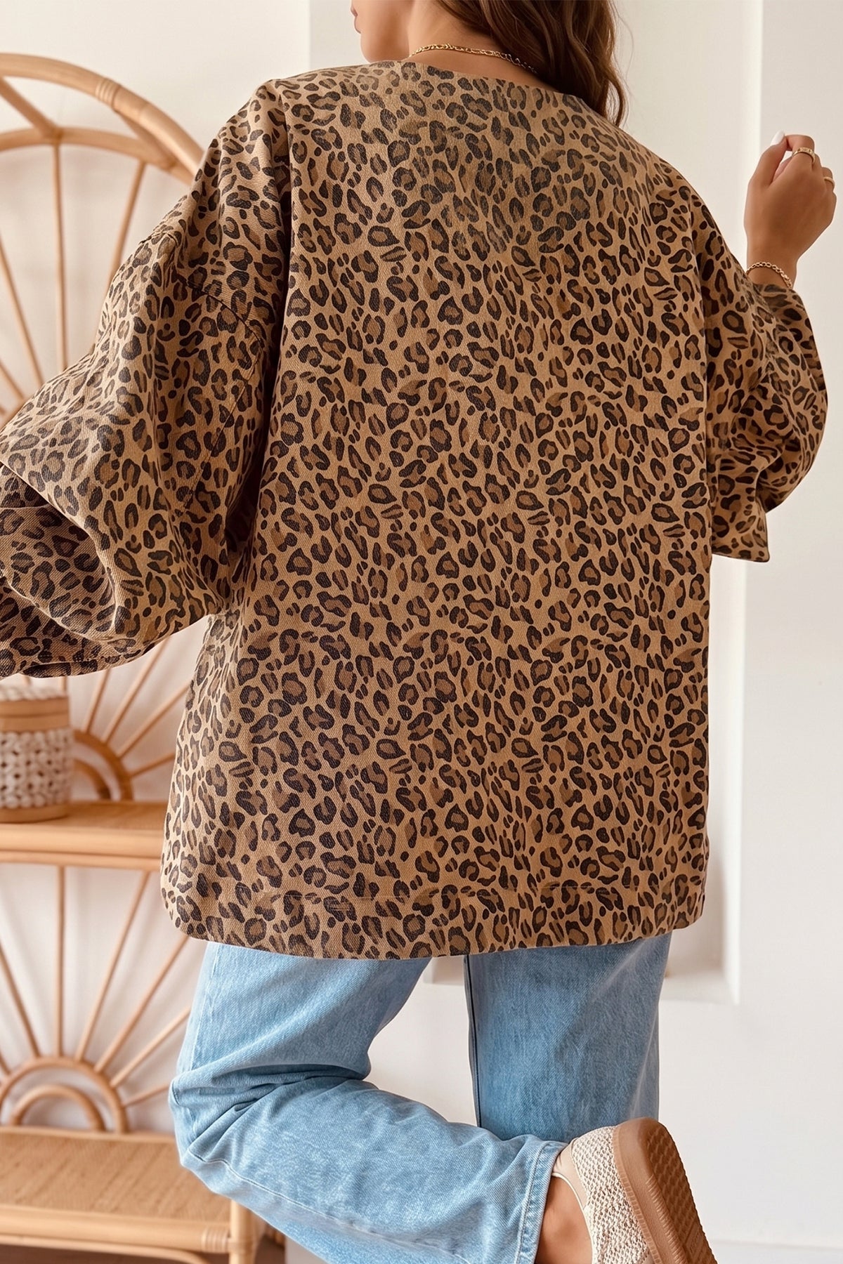 Leopard Print Long Sleeve Denim Jacket