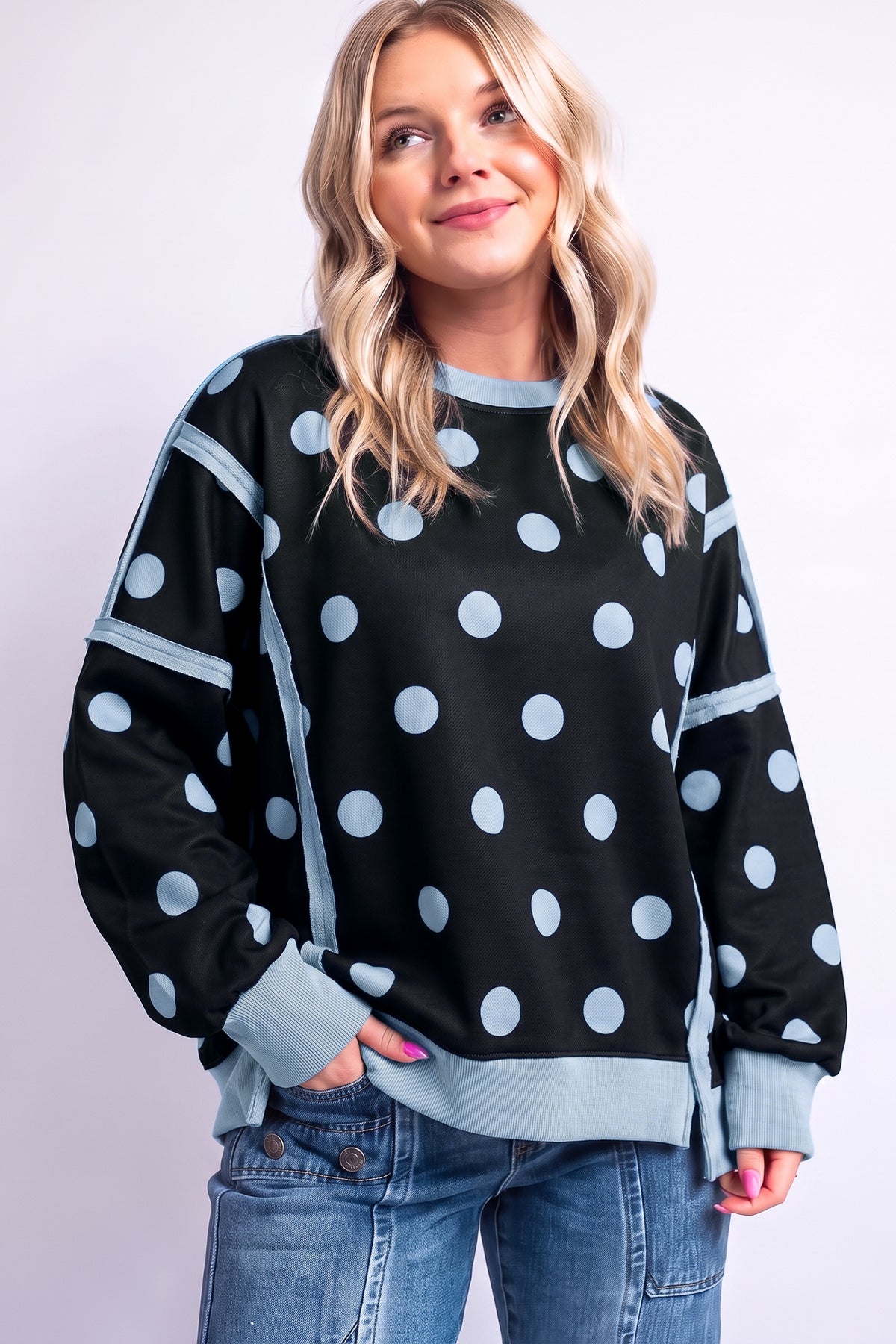 Polka Dot Round Neck Baggy Sweatshirt