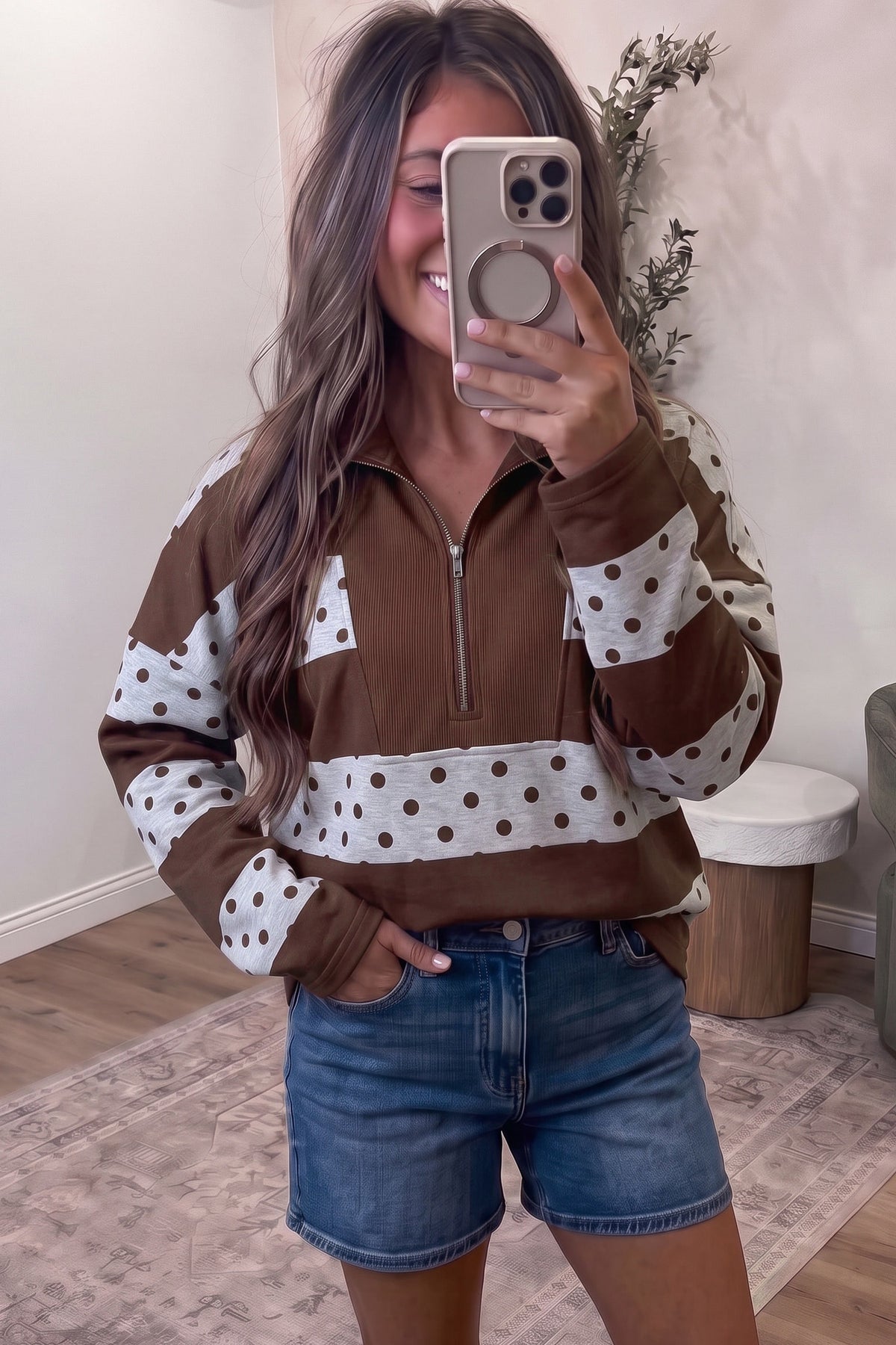 Polka Dot Quarter Zip Long Sleeve Top