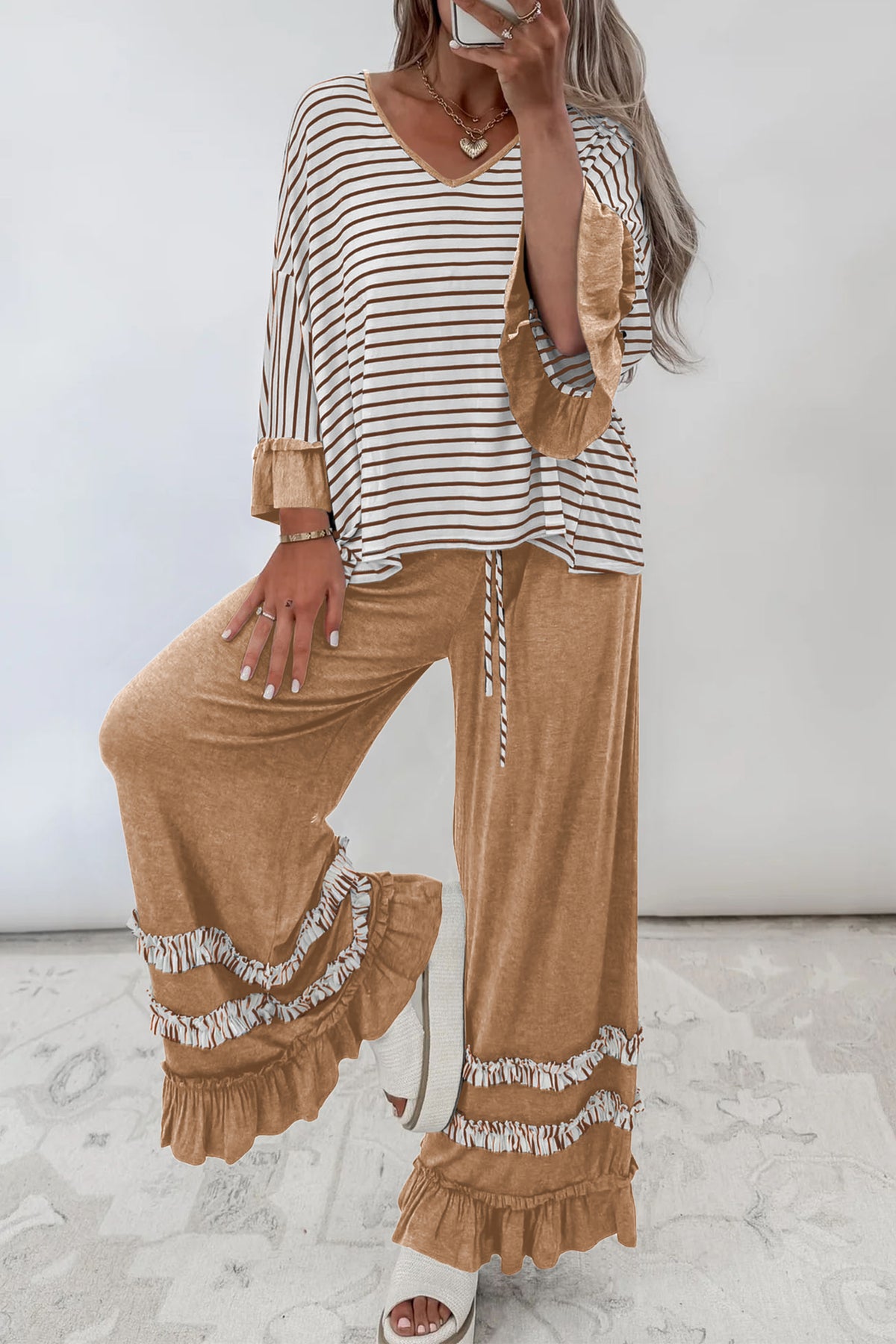 Stripe Ruffle Sleeve Top w/ Pants Set