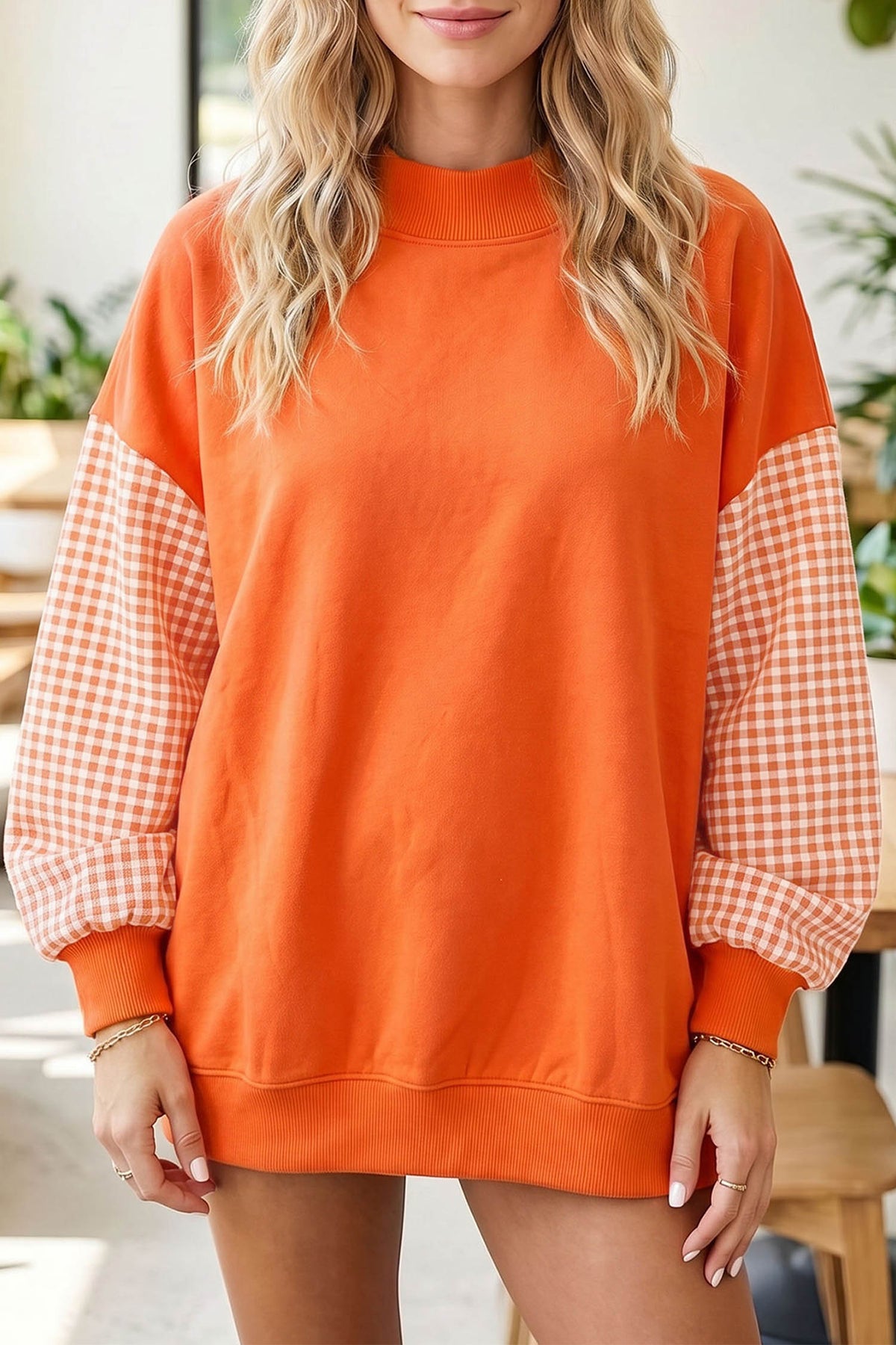 Plaid Sleeve Loose Tunic Sweatshirt