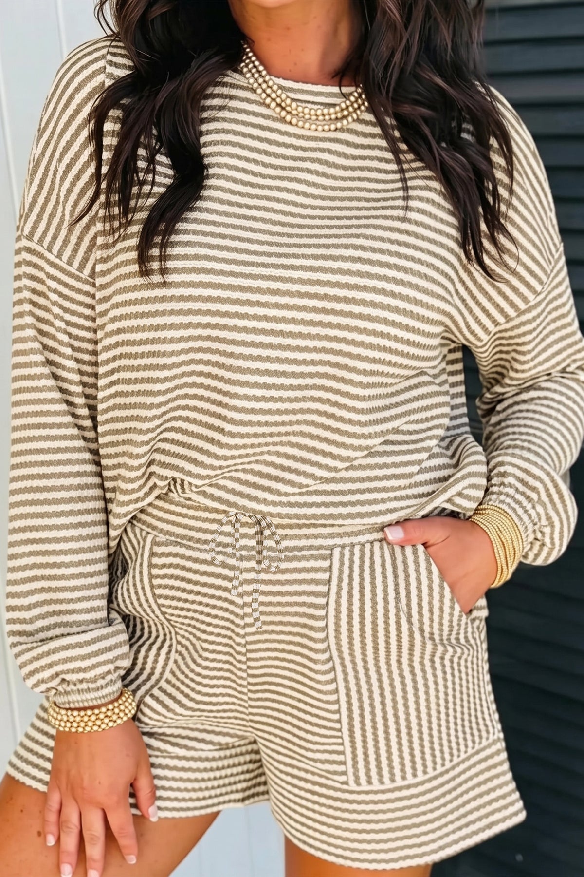 Brown Stripe Long Sleeve Top w/ Shorts
