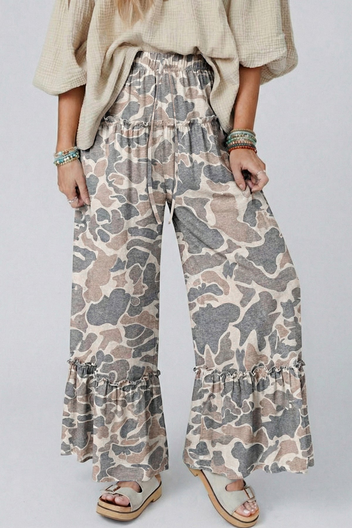 Camo Print Wide Leg Casual Pants