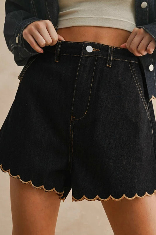 Black Scalloped Trim Denim Shorts