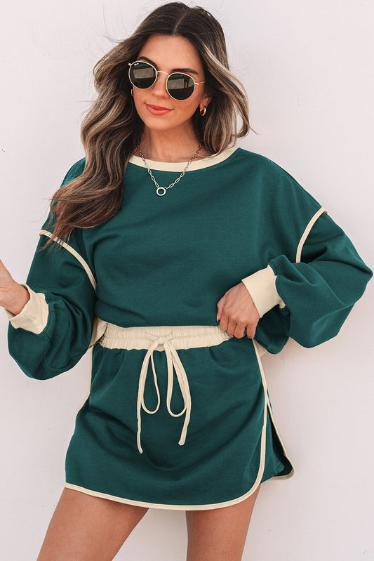 Loose Pullover and Lace-up Waist Skort Set