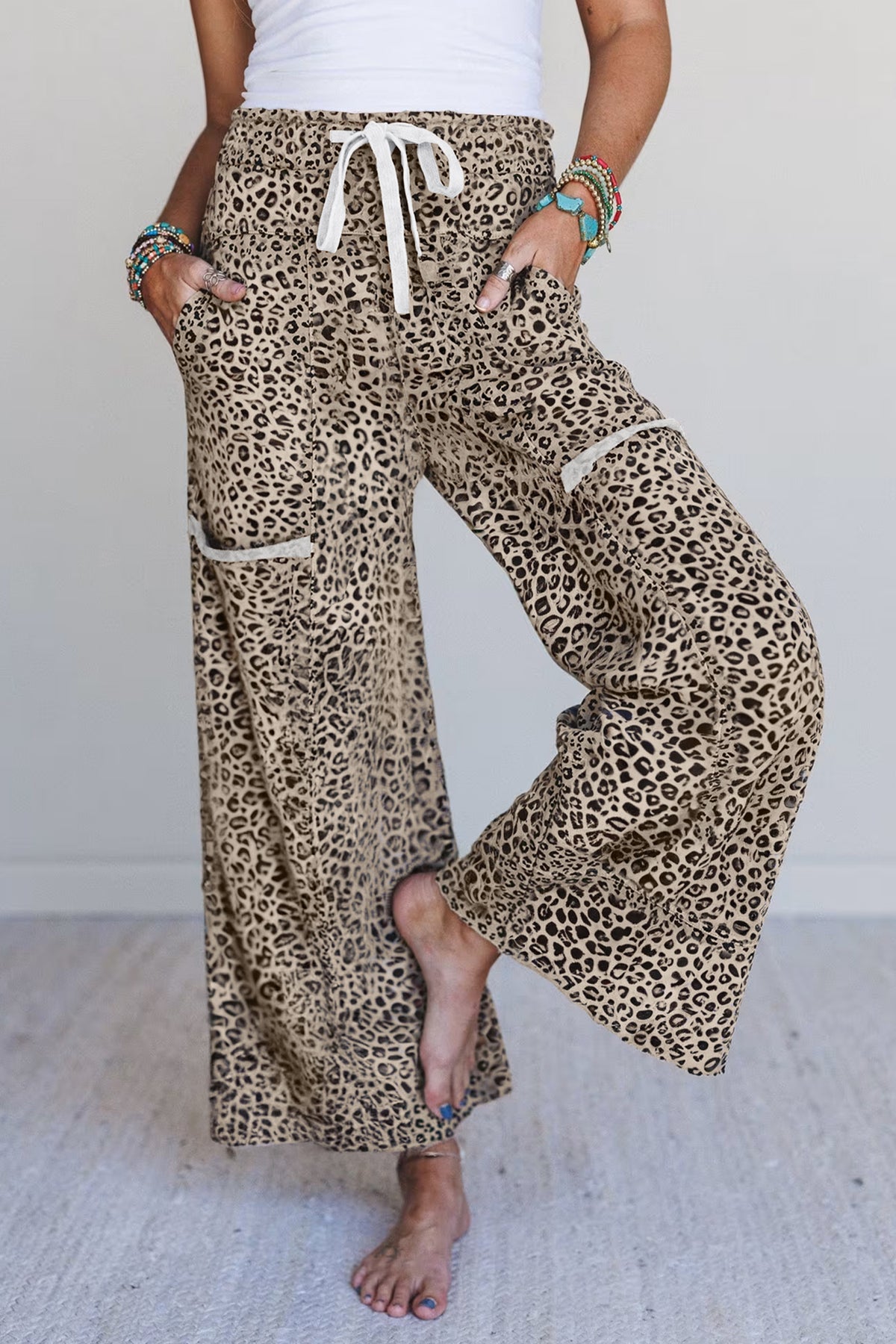 Leopard Print Wide Leg Terry Knit Pants