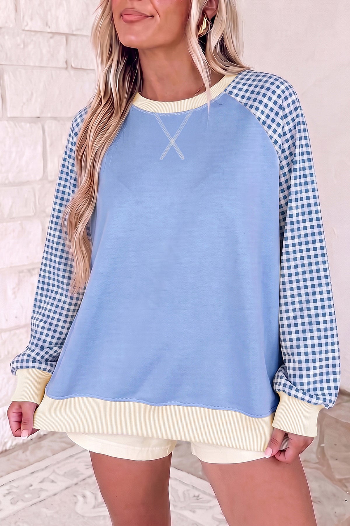 Plaid Sleeve Raglan Pullover Sweatshirt