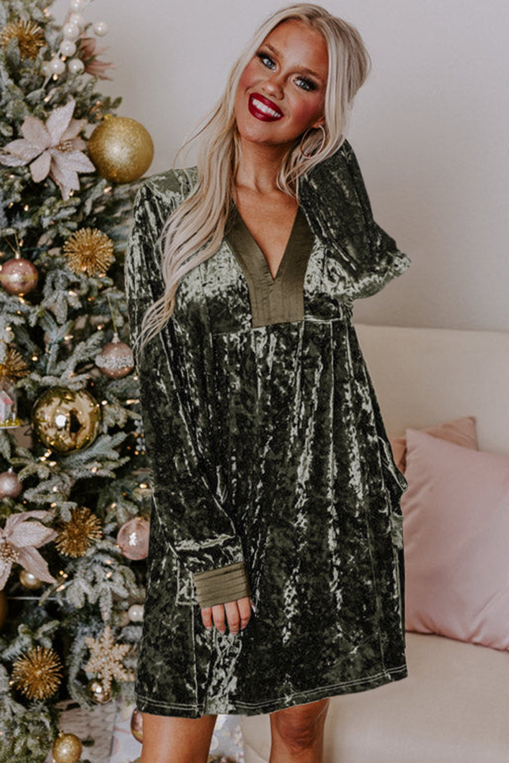 Velvet Long Sleeve Dress with Pockets