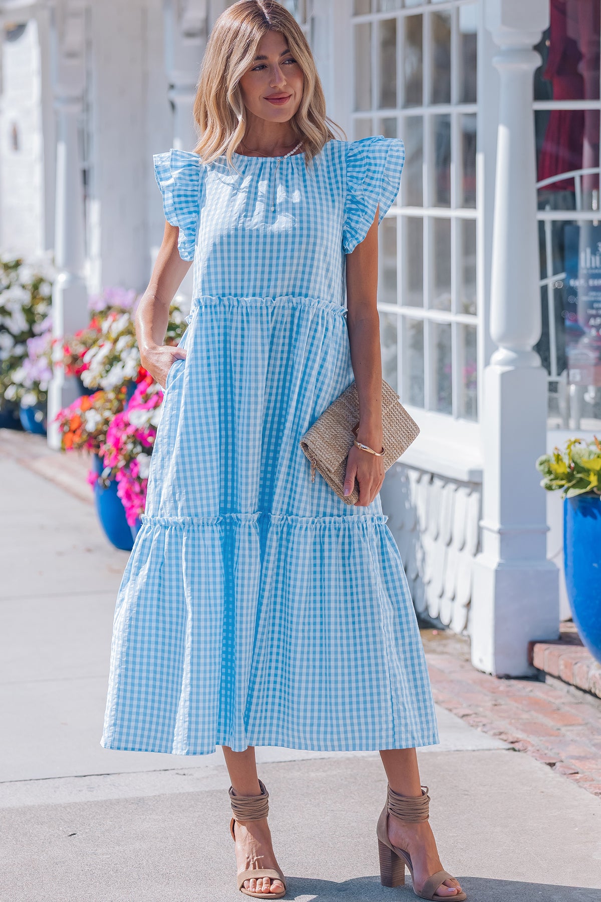 Blue Ruffled Short Sleeve Dress