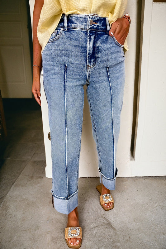 Cuffed Hem Straight High Waist Jeans