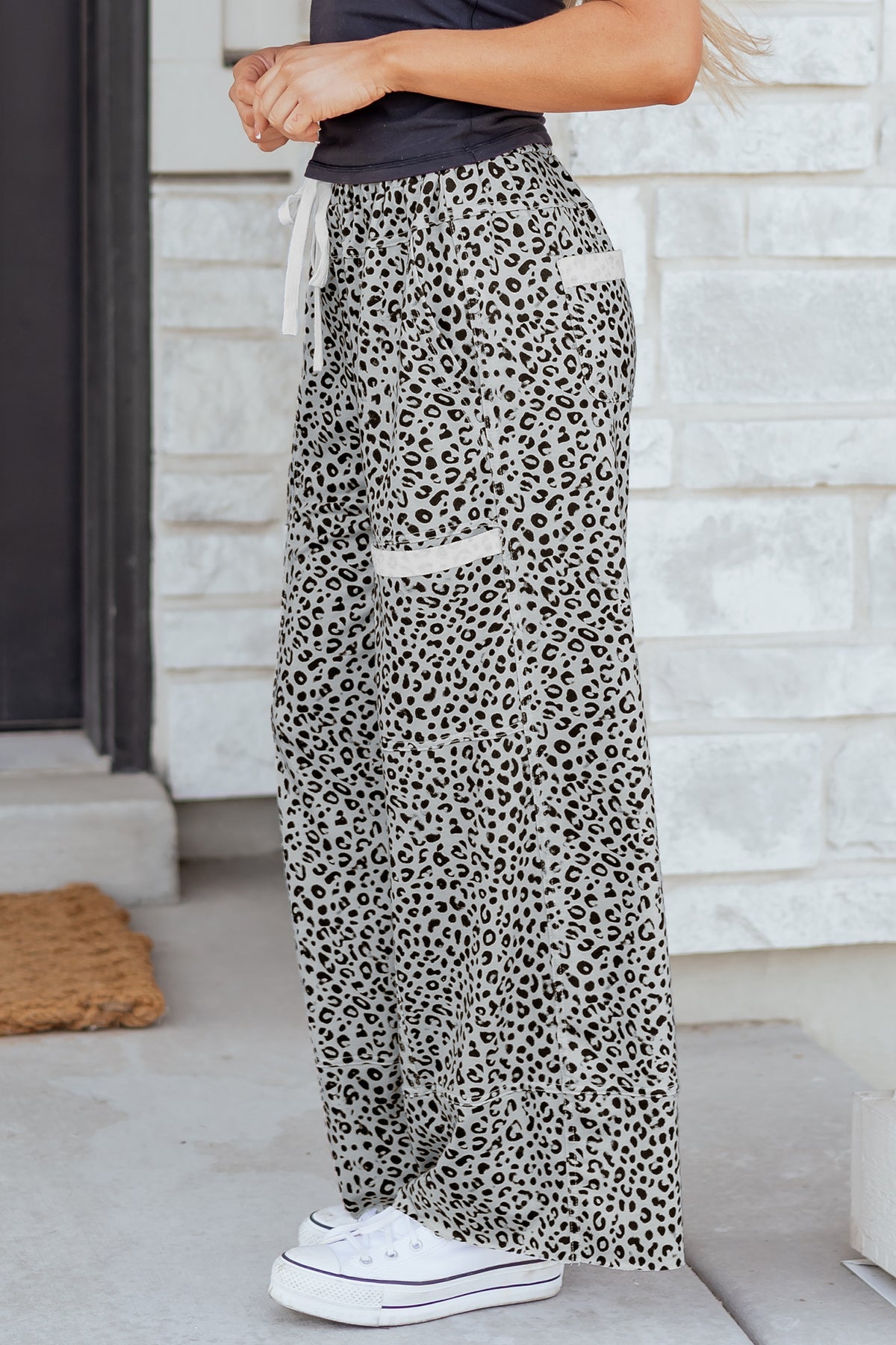 Leopard Print Wide Leg Terry Knit Pants