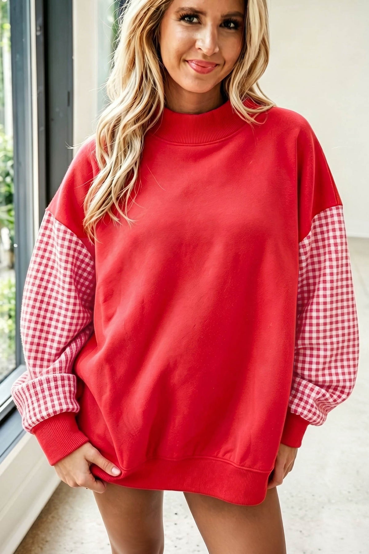 Plaid Sleeve Loose Tunic Sweatshirt