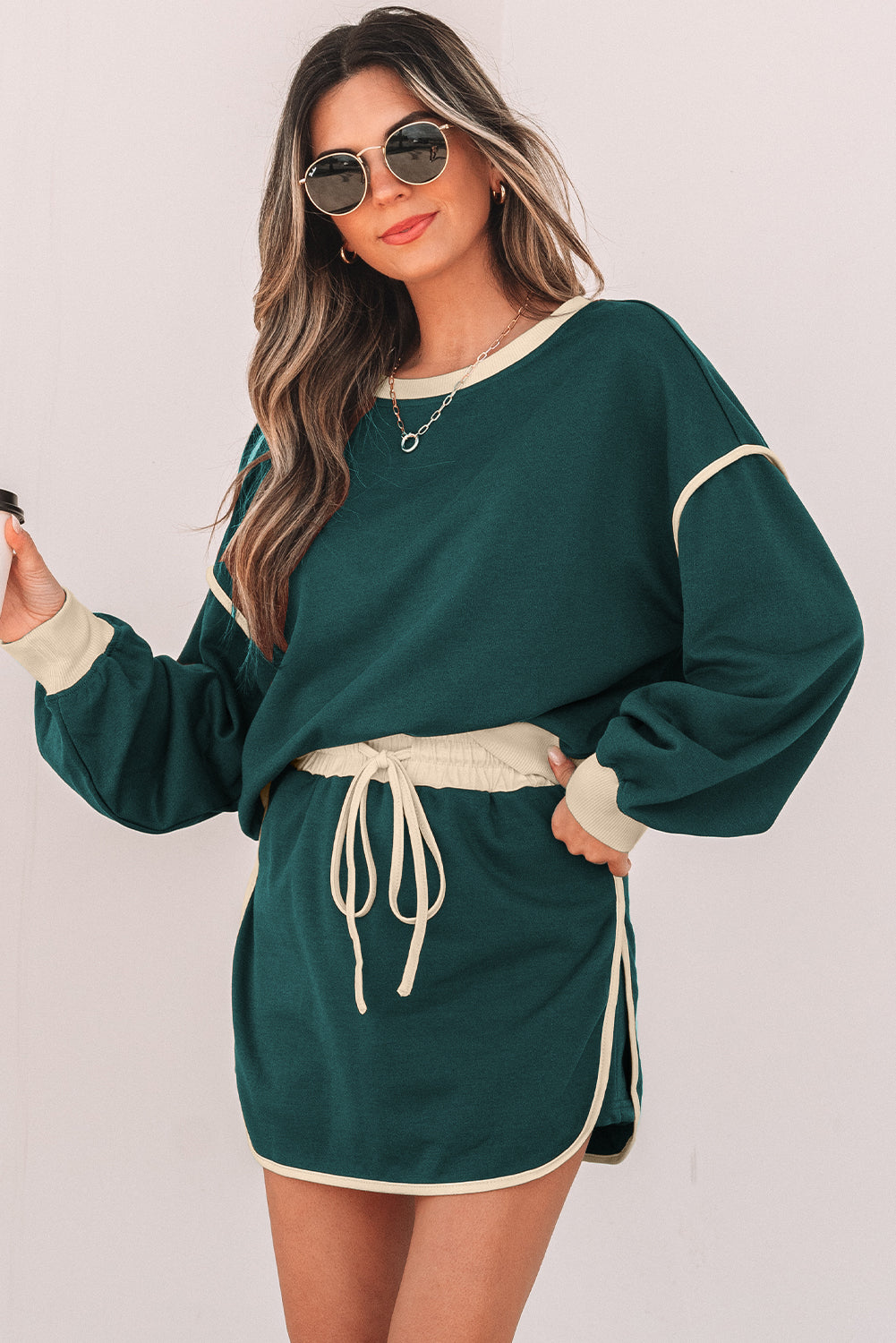 Loose Pullover and Lace-up Waist Skort Set