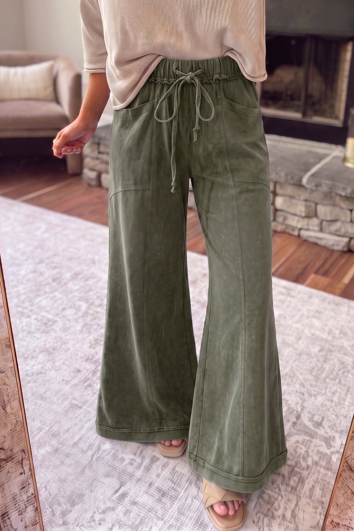Jungle Green Flare Drawstring Pants