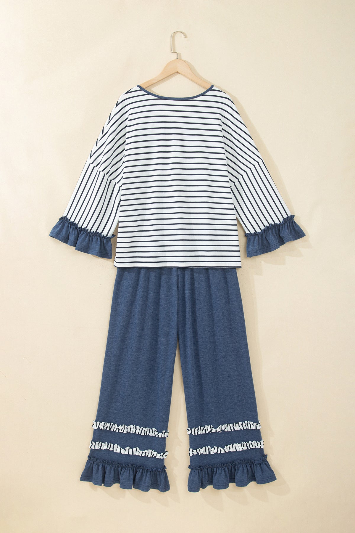 Blue Stripe V Neck Ruffle Contrast Sleeve Top Drawstring Pants 2pcs Set