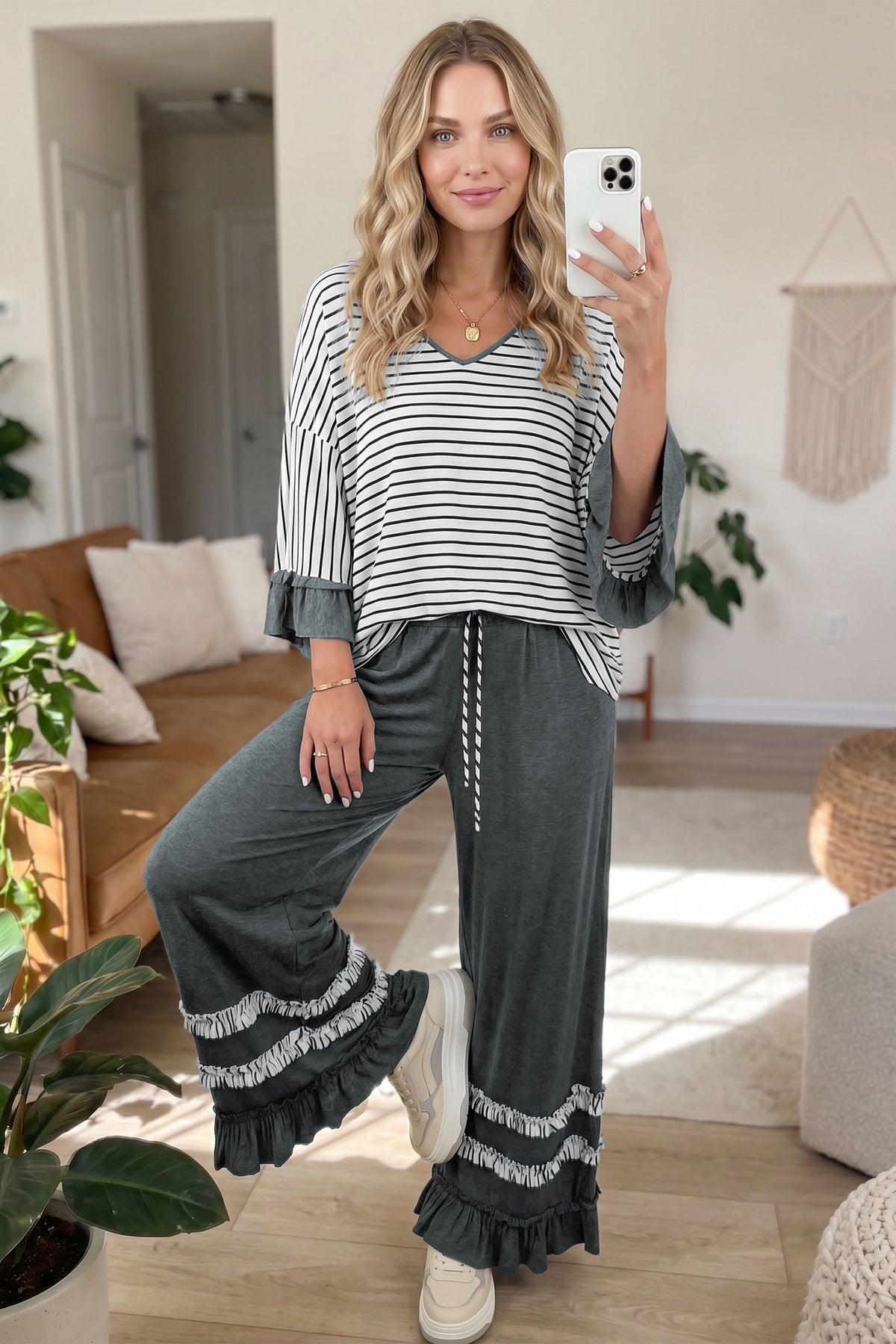 Stripe Ruffle Sleeve Top w/ Pants Set