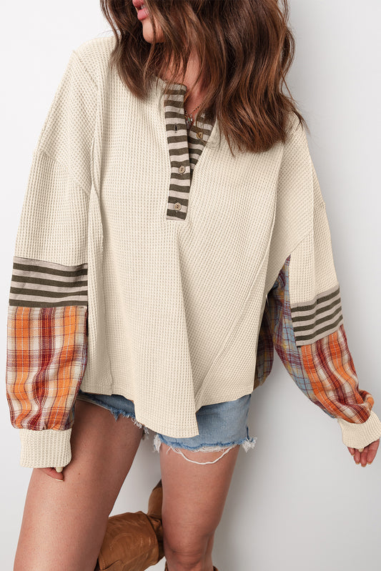 Waffle Plaid Henley Knit Top