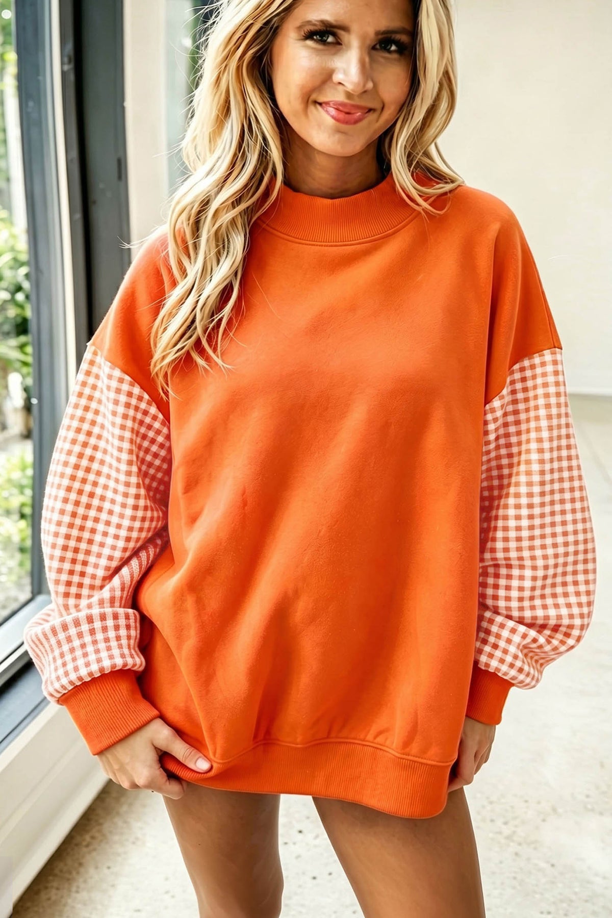 Plaid Sleeve Loose Tunic Sweatshirt