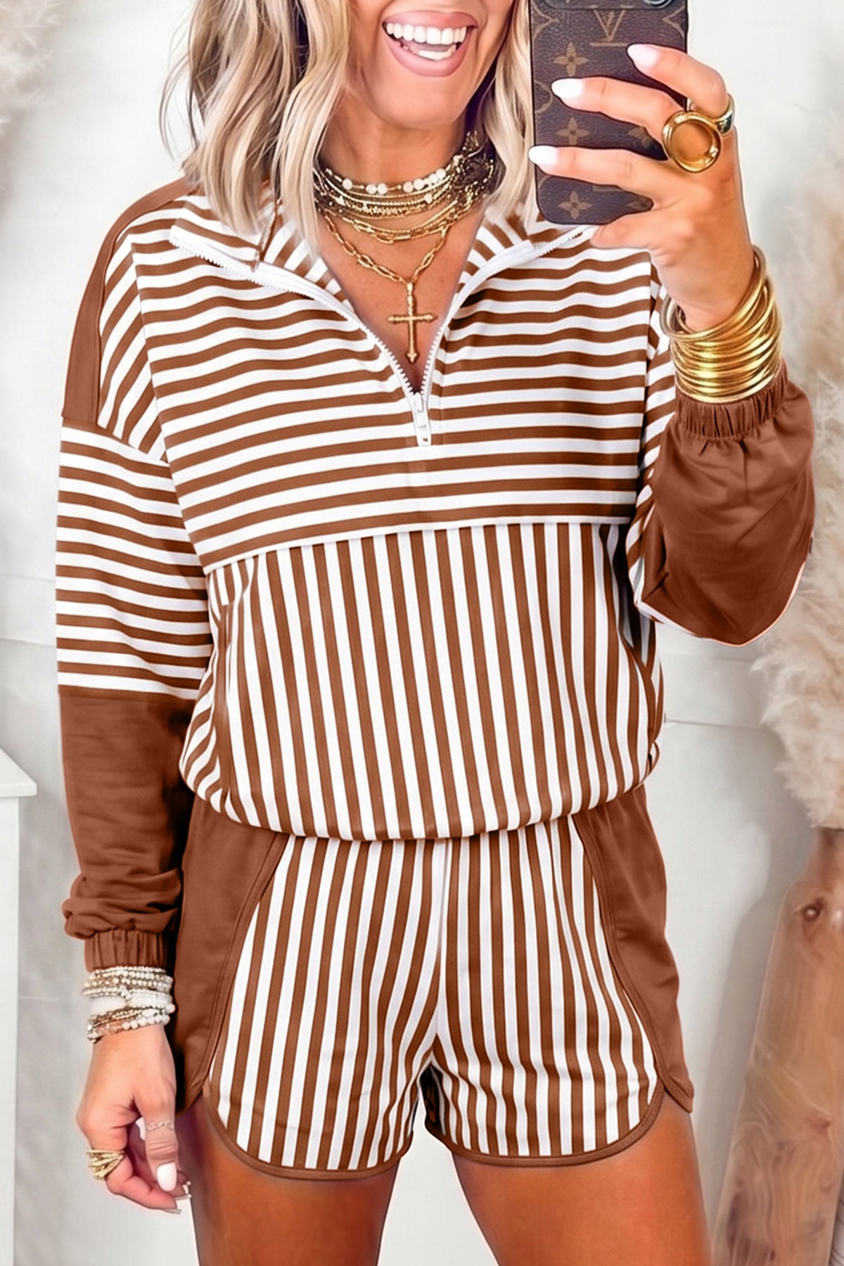 Stripe Quarter Zip Pullover w/Shorts Set