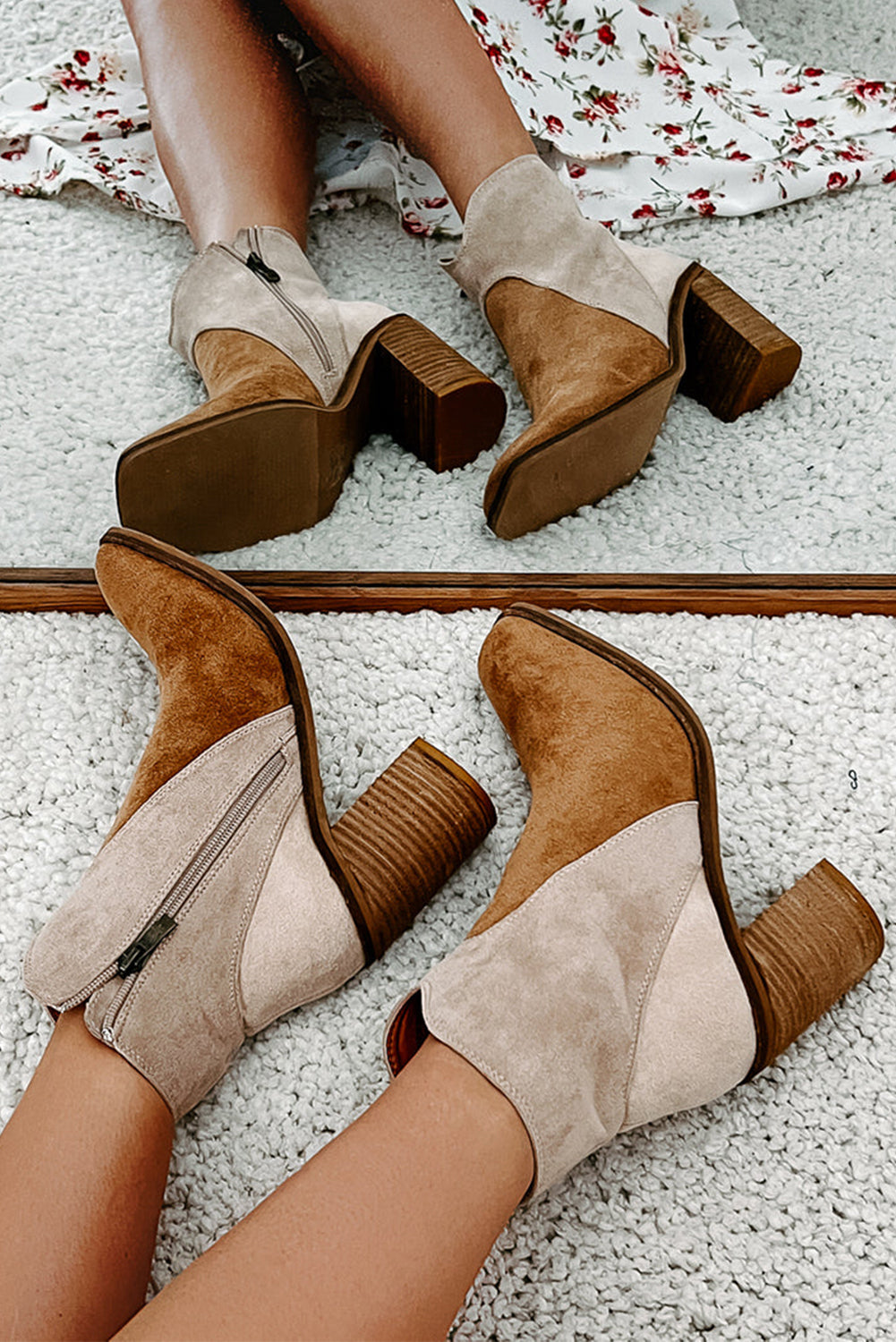Camel Two Tone Chunky Heel Boots