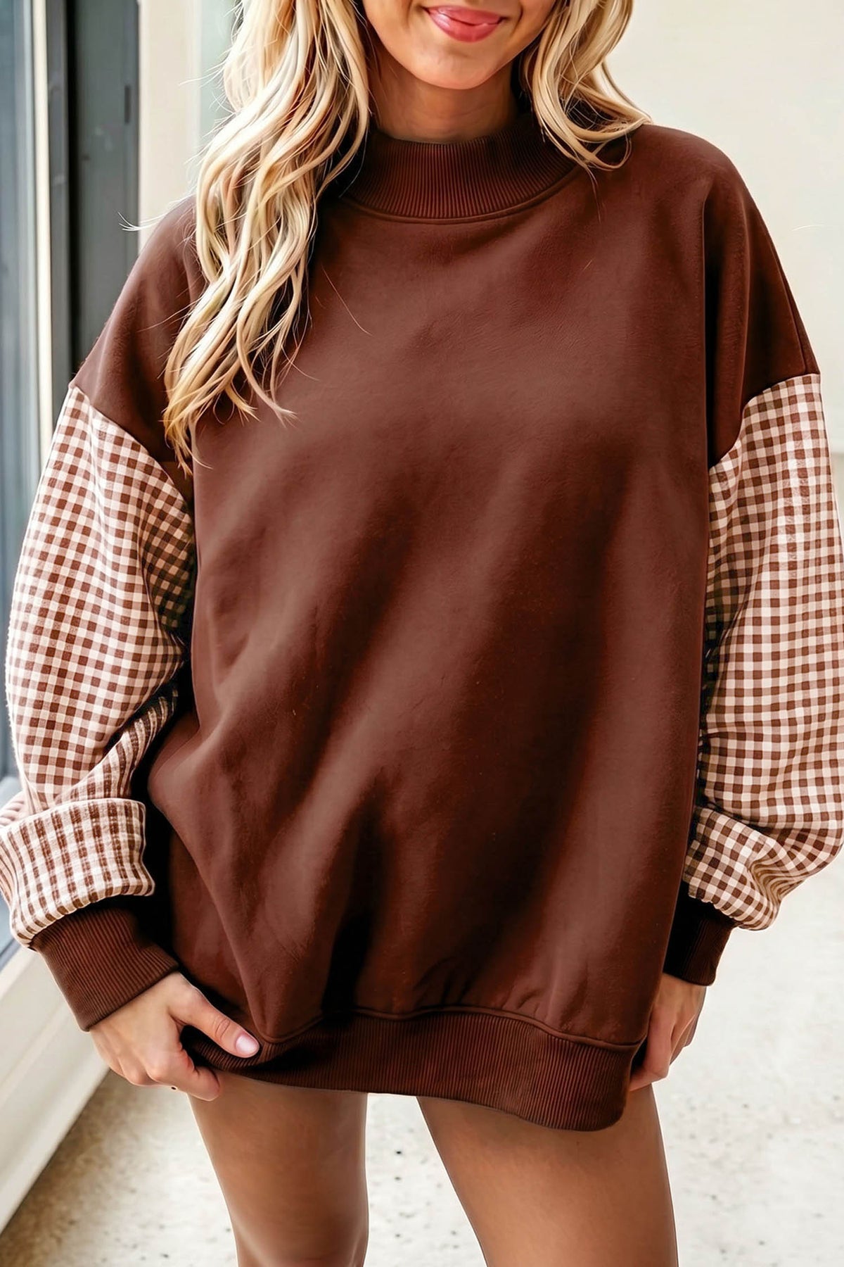 Plaid Sleeve Loose Tunic Sweatshirt