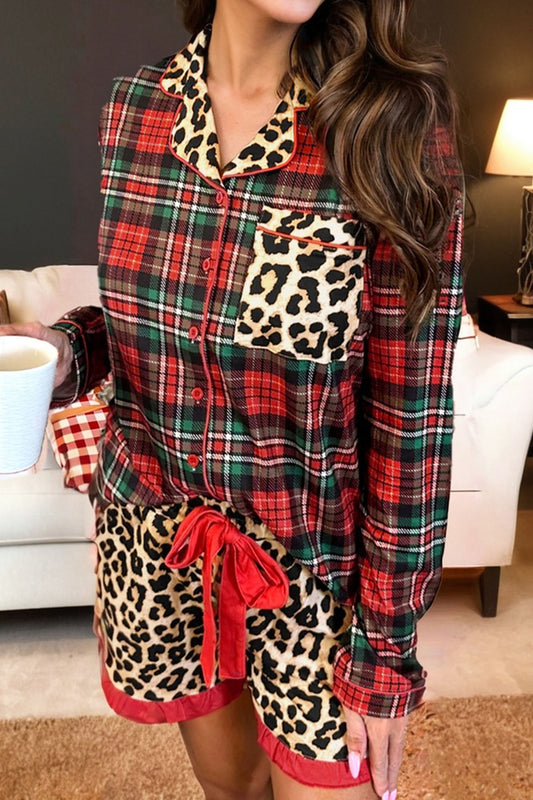 Retro Plaid Leopard Print Pajama Set