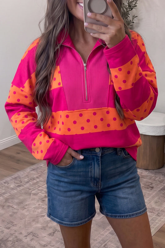 Polka Dot Quarter Zip Long Sleeve Top
