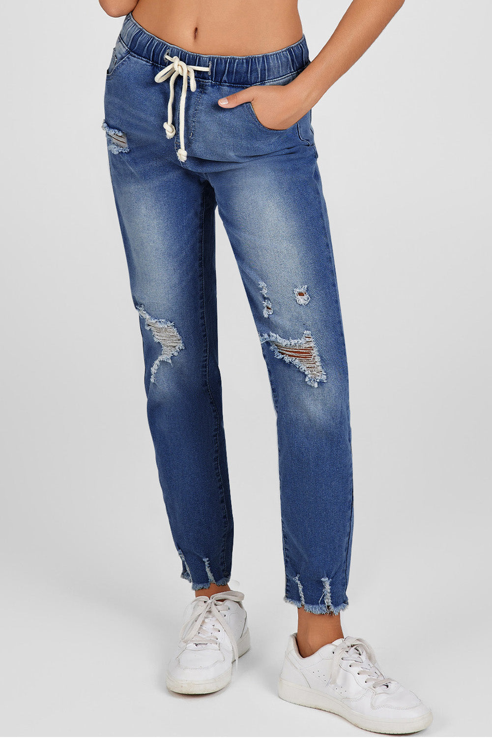 Straight Leg Destroyed Raw Hem Jeans