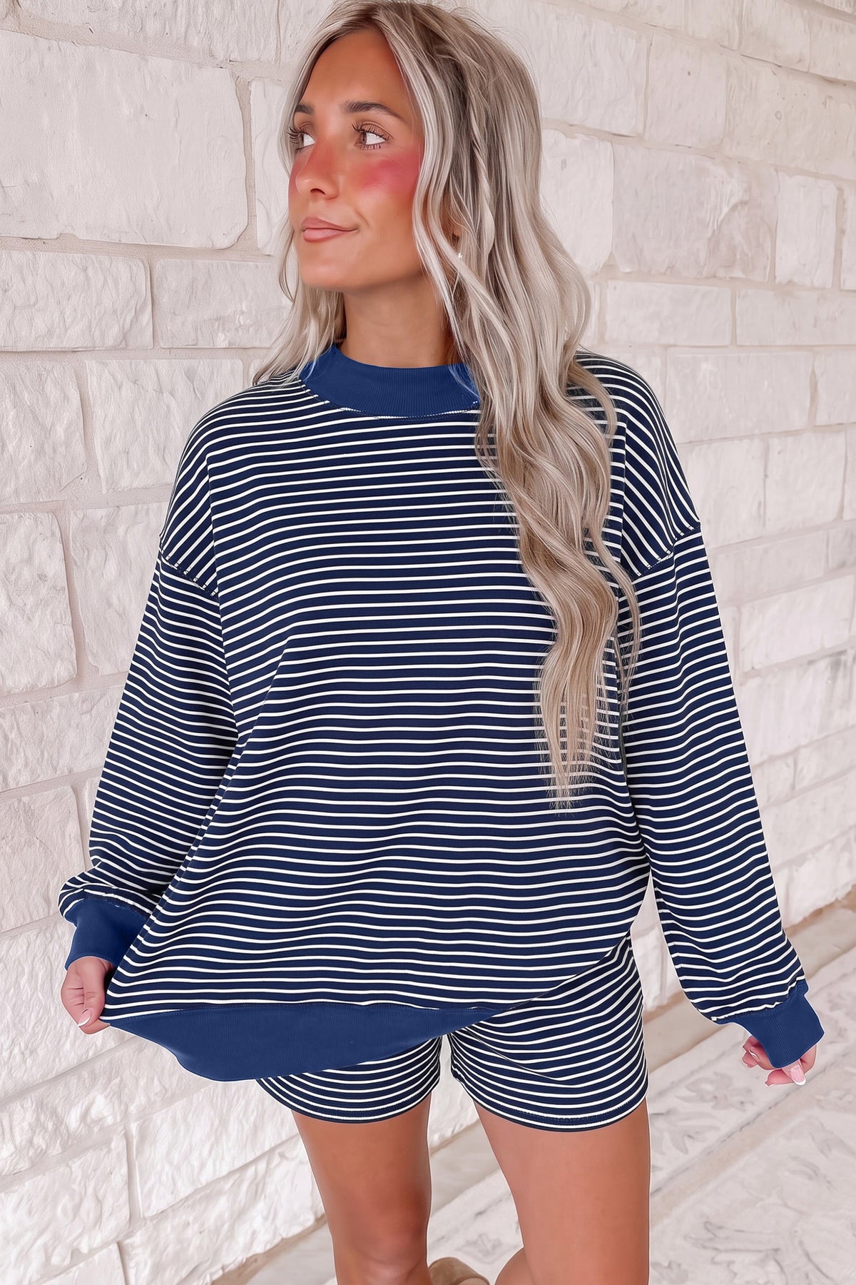 Striped Mock Neck Pullover w/ Shorts Set