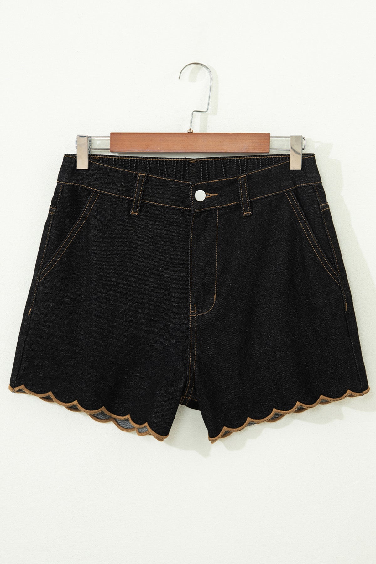 Black Scalloped Trim Denim Shorts