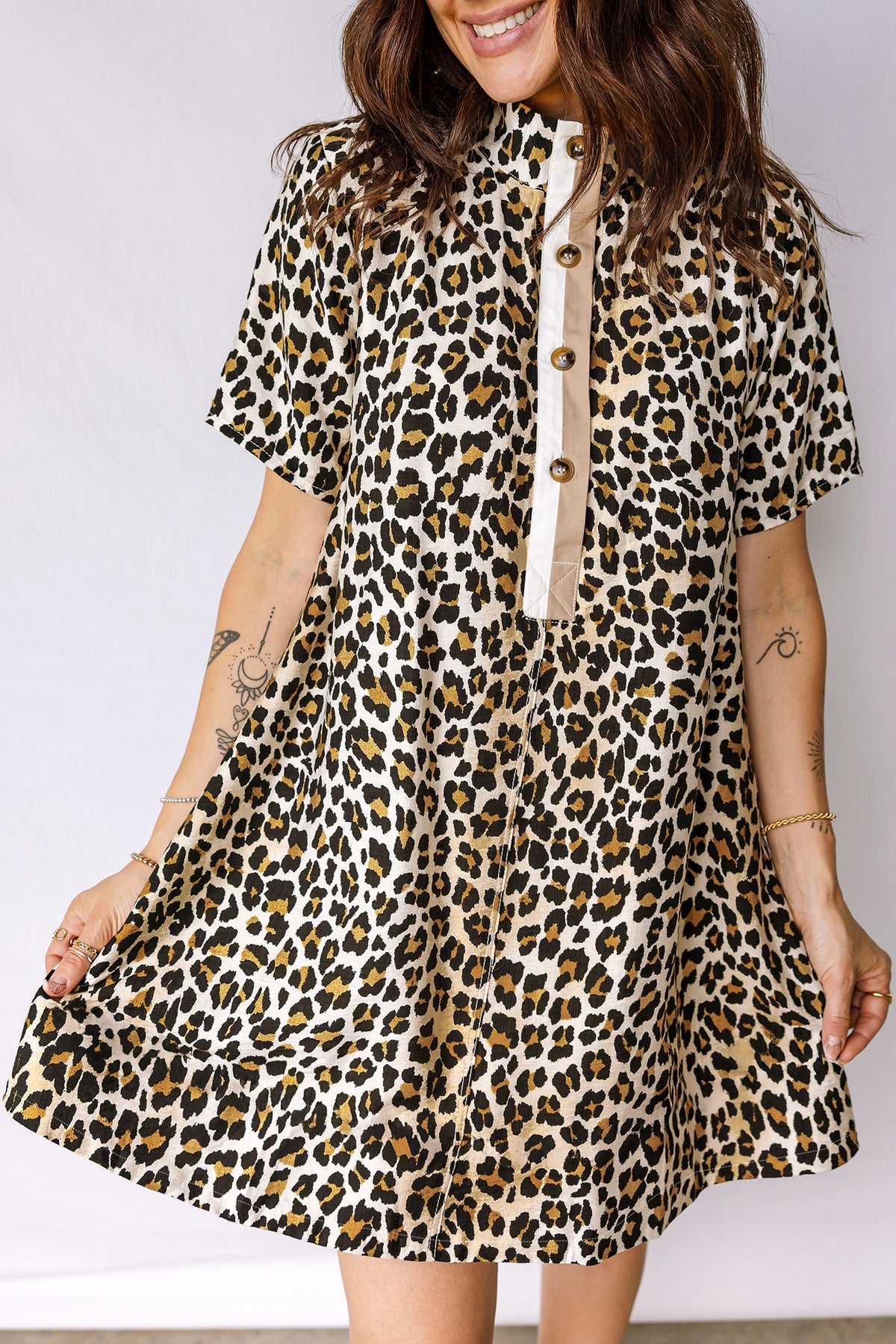 Short Sleeve Leopard Mini Dress with Pockets